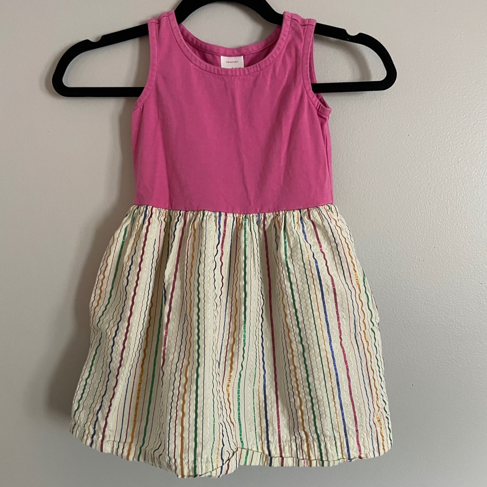 Hanna Andersson Dress Girls Size 5 Pink Rainbow Metallic‎ Stripe Pockets Playful